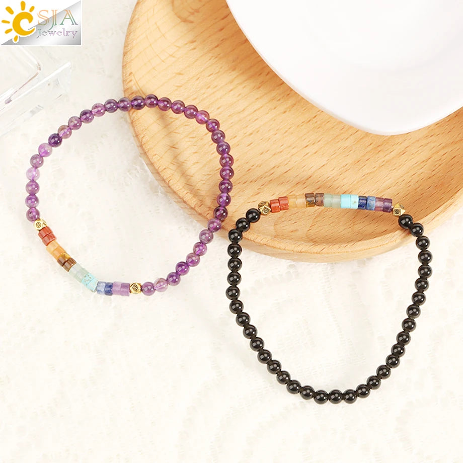 CSJA Natural Stone 7 Chakra Bracelet Healing Amethysts Pink Quartz Crystal 4mm Mini Beaded Bangle Bracelets Jewelry Women H393