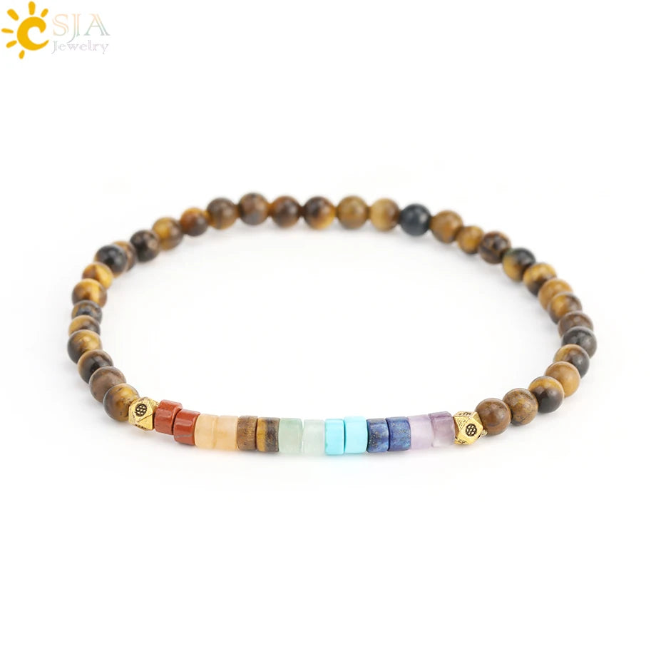 CSJA Natural Stone 7 Chakra Bracelet Healing Amethysts Pink Quartz Crystal 4mm Mini Beaded Bangle Bracelets Jewelry Women H393