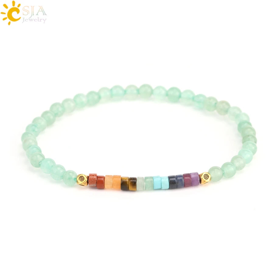 CSJA Natural Stone 7 Chakra Bracelet Healing Amethysts Pink Quartz Crystal 4mm Mini Beaded Bangle Bracelets Jewelry Women H393