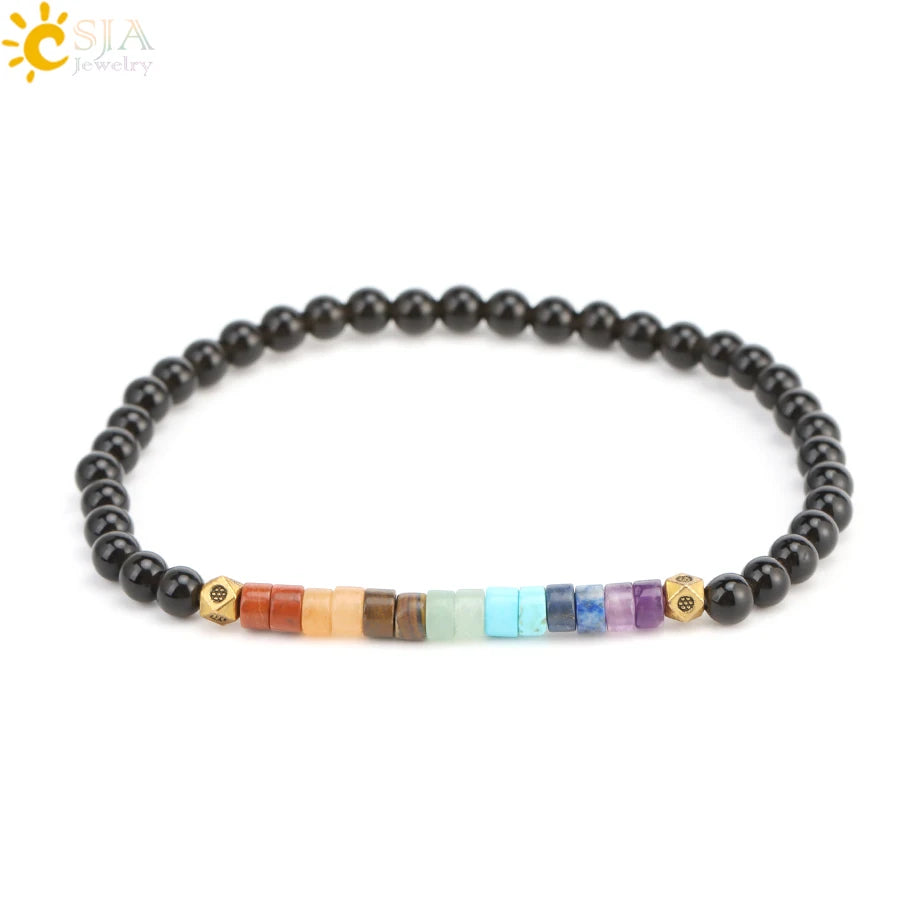 CSJA Natural Stone 7 Chakra Bracelet Healing Amethysts Pink Quartz Crystal 4mm Mini Beaded Bangle Bracelets Jewelry Women H393
