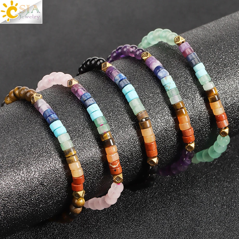 CSJA Natural Stone 7 Chakra Bracelet Healing Amethysts Pink Quartz Crystal 4mm Mini Beaded Bangle Bracelets Jewelry Women H393