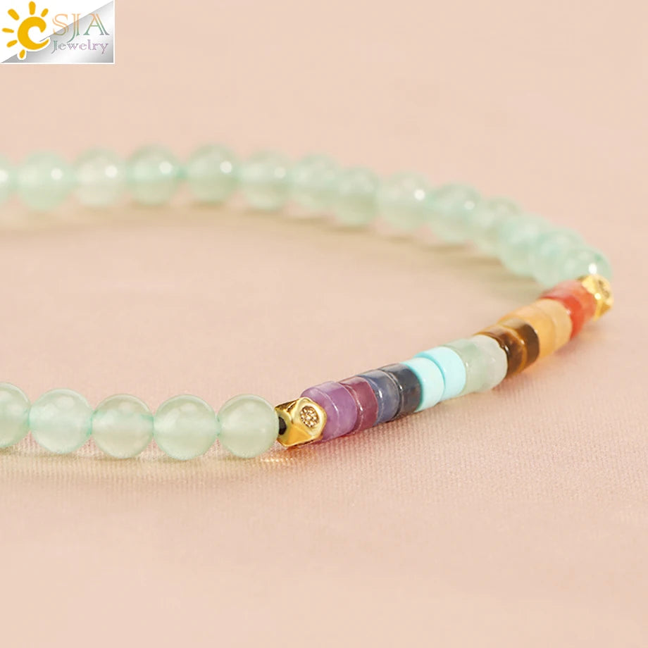CSJA Natural Stone 7 Chakra Bracelet Healing Amethysts Pink Quartz Crystal 4mm Mini Beaded Bangle Bracelets Jewelry Women H393
