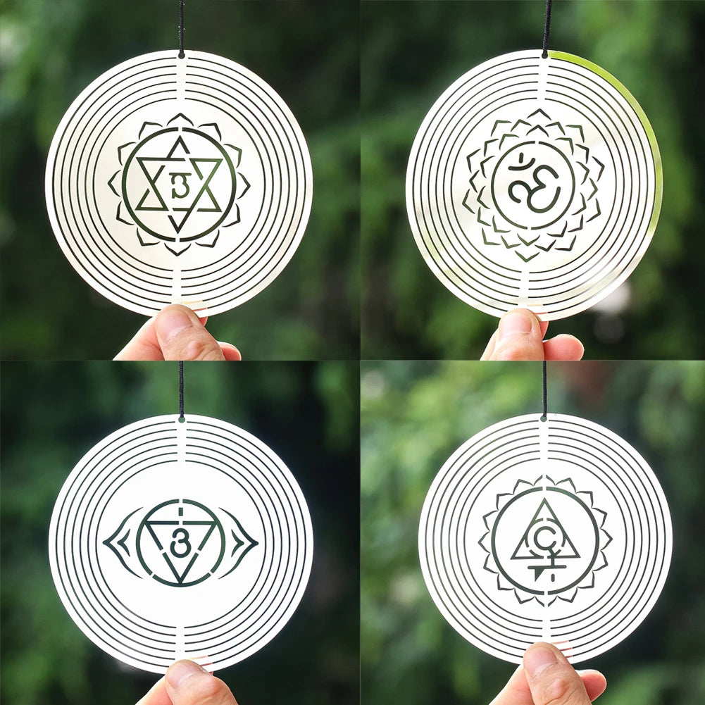 7pcs/set Chakra Wind Spinners Reiki Yoga Meditation Mandala Om Spiritual 3D Rotating Wind Chimes Sculptures Outdoor Garden Decor