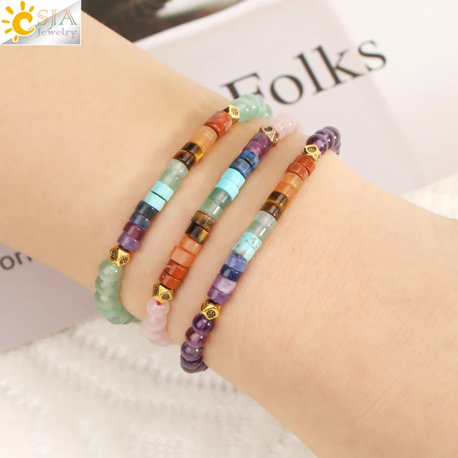 CSJA Natural Stone 7 Chakra Bracelet Healing Amethysts Pink Quartz Crystal 4mm Mini Beaded Bangle Bracelets Jewelry Women H393