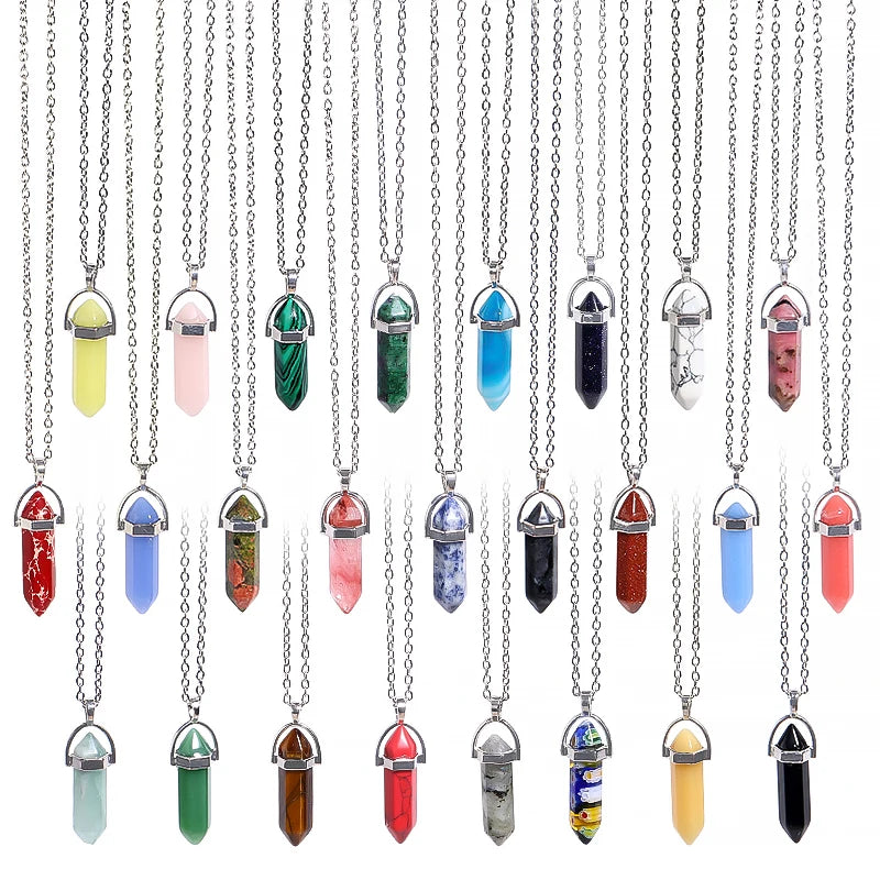 Natural Stone Hexagonal Necklace Bullet Necklaces Healing Crystal Quartz Lapis Bullet Pendulum Chakra Jewelry Chain Necklace