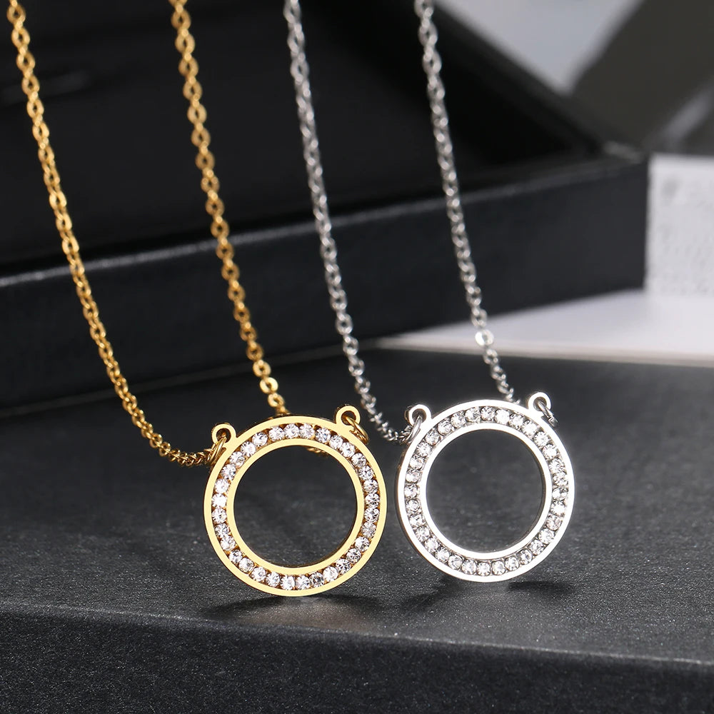 Stainless Steel Necklaces Crystal Zircon Hollow Round Fashion Pendant Chain Collar Necklace For Women Jewelry Wedding Party Gift