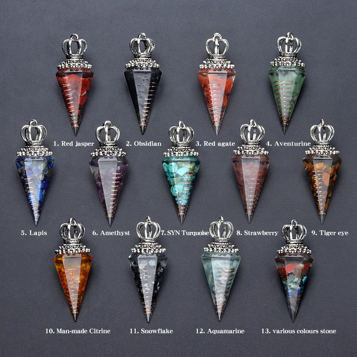 Energy Healing Chakra Orgone Pendulum for Dowsing Divination Pointed Natural Chips Crystal Stone Pendant Yoga Meditation Pendulo