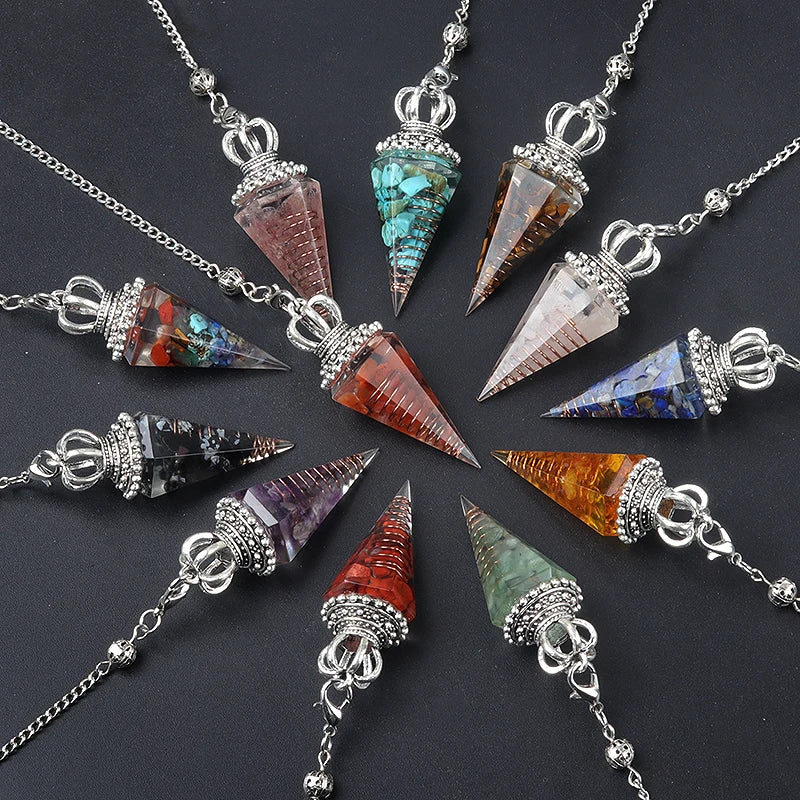 Energy Healing Chakra Orgone Pendulum for Dowsing Divination Pointed Natural Chips Crystal Stone Pendant Yoga Meditation Pendulo