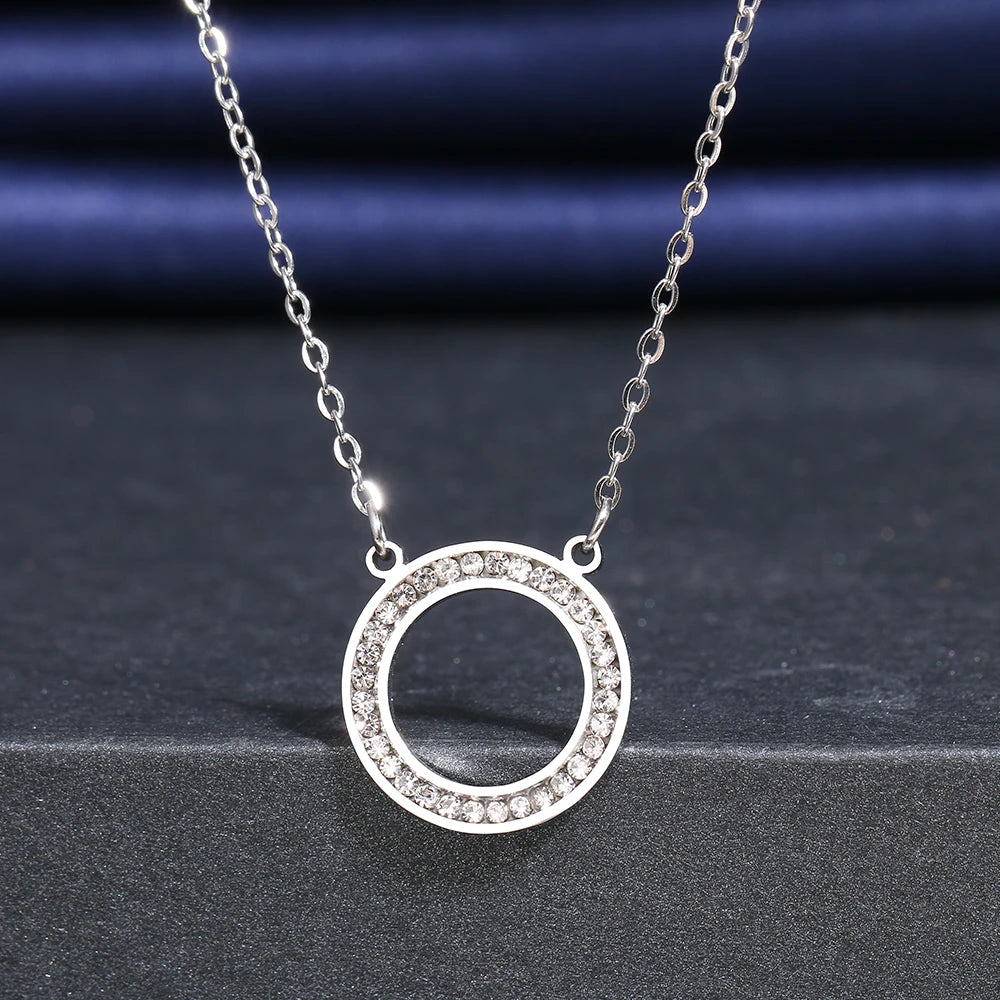 Stainless Steel Necklaces Crystal Zircon Hollow Round Fashion Pendant Chain Collar Necklace For Women Jewelry Wedding Party Gift