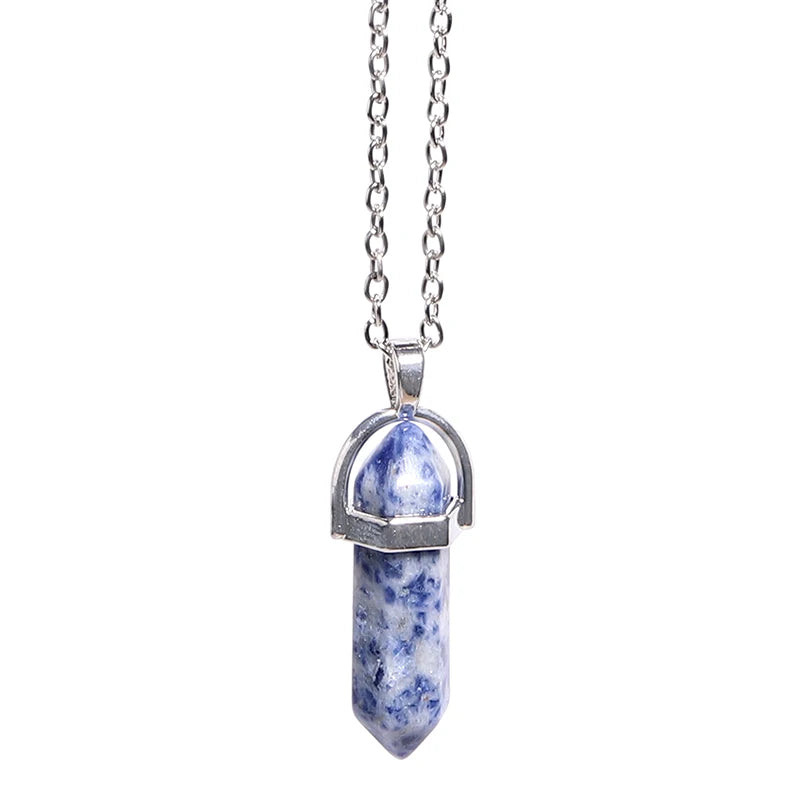 Natural Stone Hexagonal Necklace Bullet Necklaces Healing Crystal Quartz Lapis Bullet Pendulum Chakra Jewelry Chain Necklace