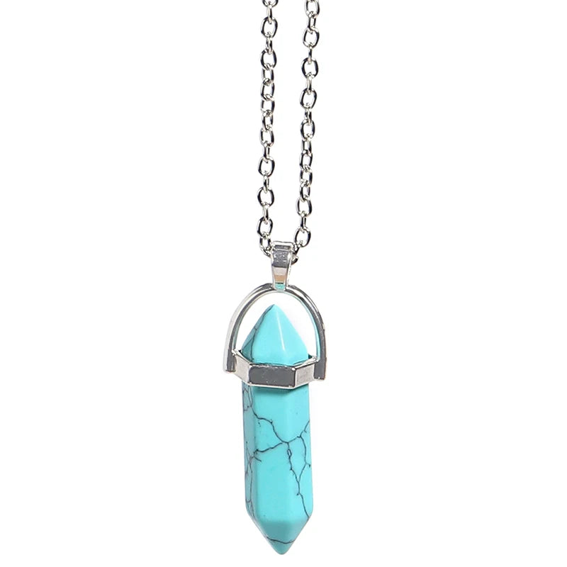 Natural Stone Hexagonal Necklace Bullet Necklaces Healing Crystal Quartz Lapis Bullet Pendulum Chakra Jewelry Chain Necklace