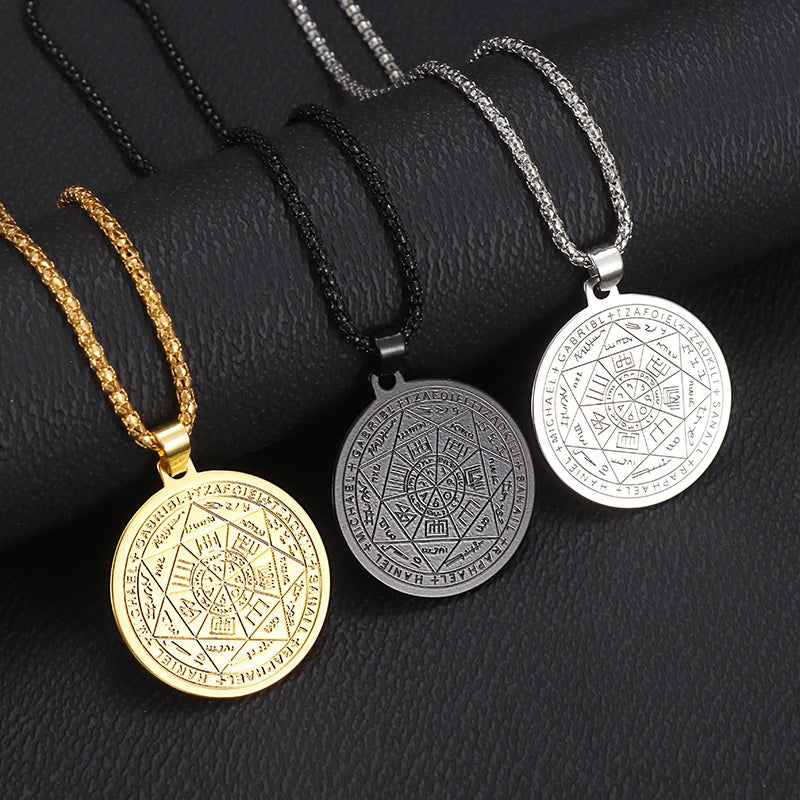 Seven Archangels Amulet Stainless Steel Necklace Men's Solomon Signet Amulet Necklace Spiritual Protection Jewelry