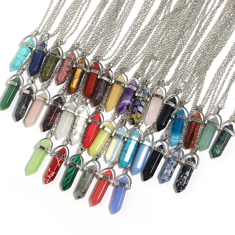 Natural Stone Hexagonal Necklace Bullet Necklaces Healing Crystal Quartz Lapis Bullet Pendulum Chakra Jewelry Chain Necklace