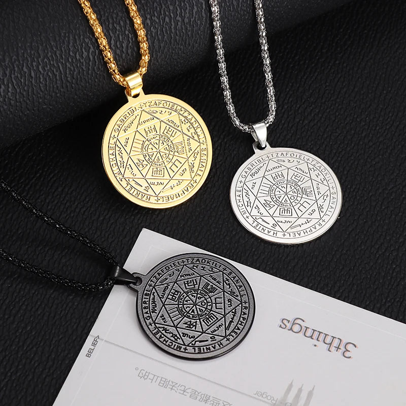 Seven Archangels Amulet Stainless Steel Necklace Men's Solomon Signet Amulet Necklace Spiritual Protection Jewelry