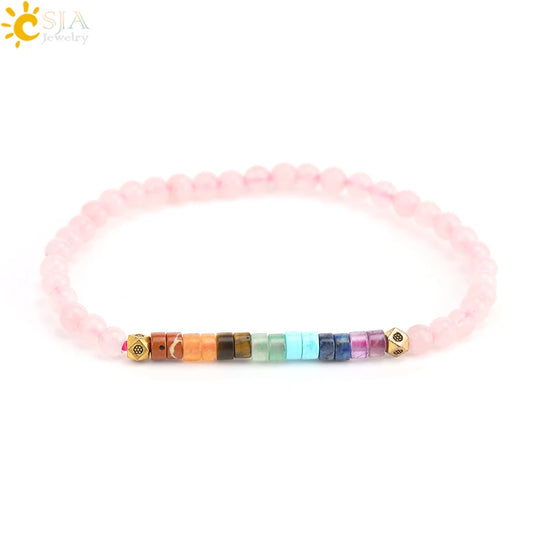 CSJA Natural Stone 7 Chakra Bracelet Healing Amethysts Pink Quartz Crystal 4mm Mini Beaded Bangle Bracelets Jewelry Women H393