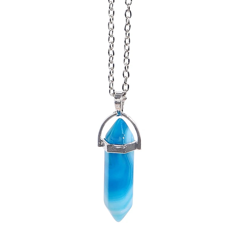 Natural Stone Hexagonal Necklace Bullet Necklaces Healing Crystal Quartz Lapis Bullet Pendulum Chakra Jewelry Chain Necklace