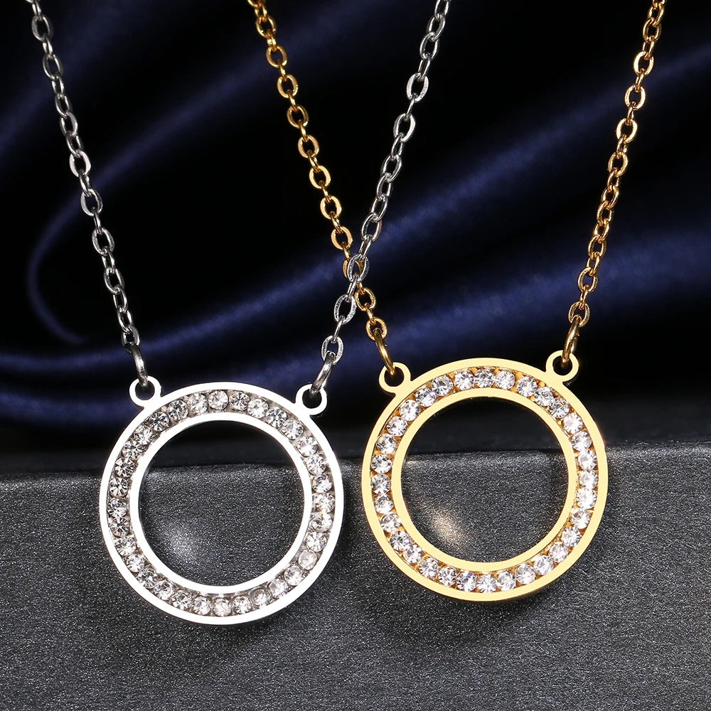 Stainless Steel Necklaces Crystal Zircon Hollow Round Fashion Pendant Chain Collar Necklace For Women Jewelry Wedding Party Gift