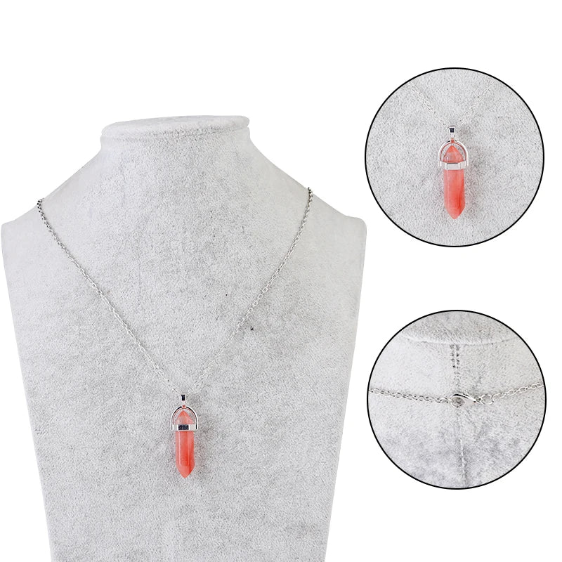 Natural Stone Hexagonal Necklace Bullet Necklaces Healing Crystal Quartz Lapis Bullet Pendulum Chakra Jewelry Chain Necklace