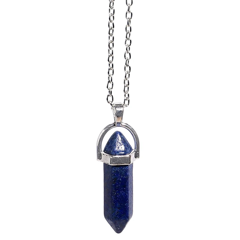 Natural Stone Hexagonal Necklace Bullet Necklaces Healing Crystal Quartz Lapis Bullet Pendulum Chakra Jewelry Chain Necklace