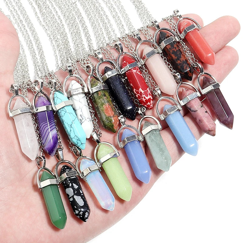 Natural Stone Hexagonal Necklace Bullet Necklaces Healing Crystal Quartz Lapis Bullet Pendulum Chakra Jewelry Chain Necklace