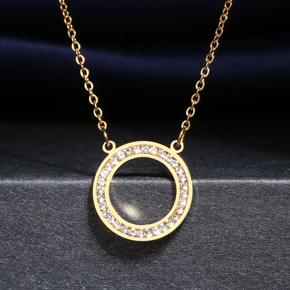 Stainless Steel Necklaces Crystal Zircon Hollow Round Fashion Pendant Chain Collar Necklace For Women Jewelry Wedding Party Gift