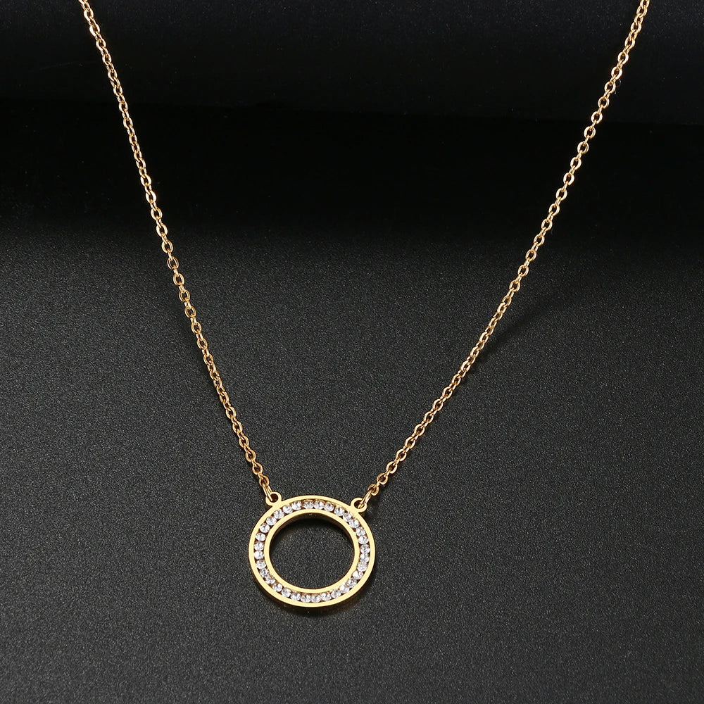 Stainless Steel Necklaces Crystal Zircon Hollow Round Fashion Pendant Chain Collar Necklace For Women Jewelry Wedding Party Gift