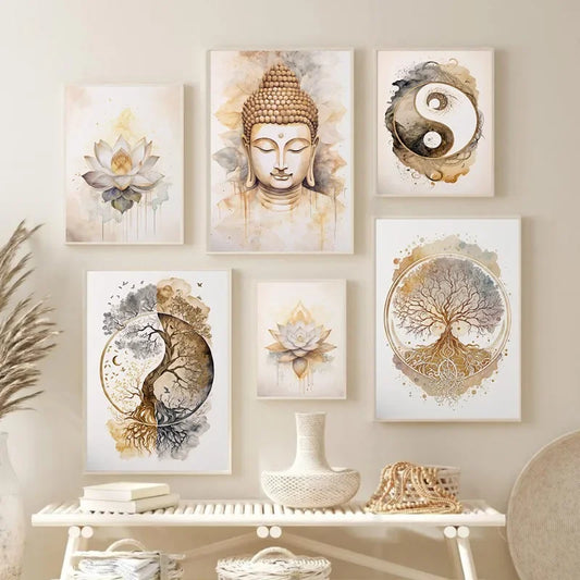 Classic Vintage Wall Art Tree of Life Buddha Lotus Meditation Spirituality HD Printed Poster Home Living Room Bedroom Decoration