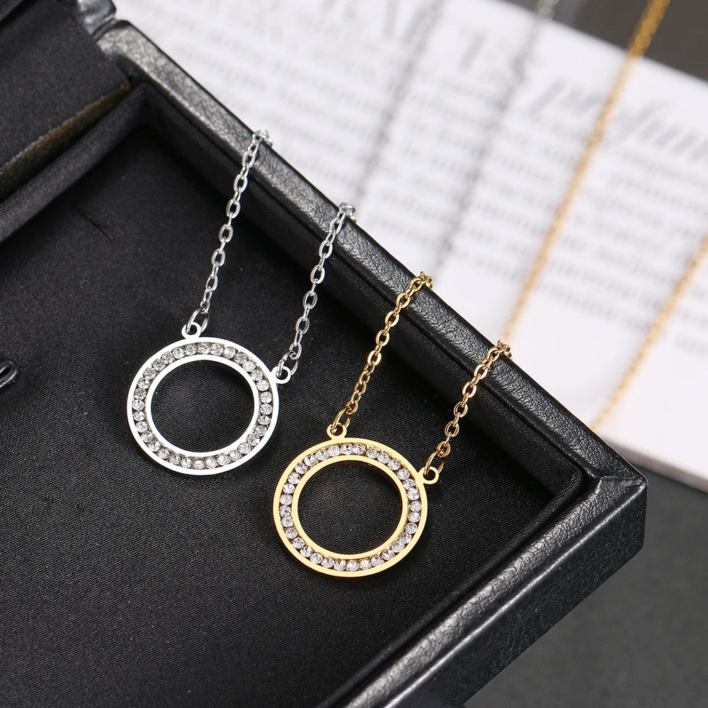 Stainless Steel Necklaces Crystal Zircon Hollow Round Fashion Pendant Chain Collar Necklace For Women Jewelry Wedding Party Gift